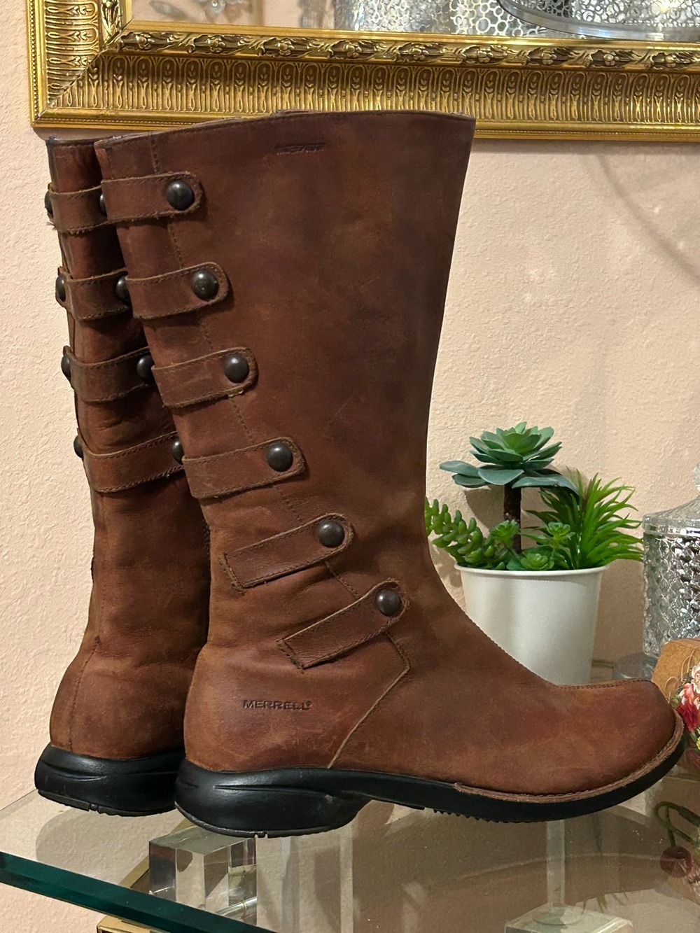 Merrell Cognac Leather Strapped Moto Combat Boots Size 7.5